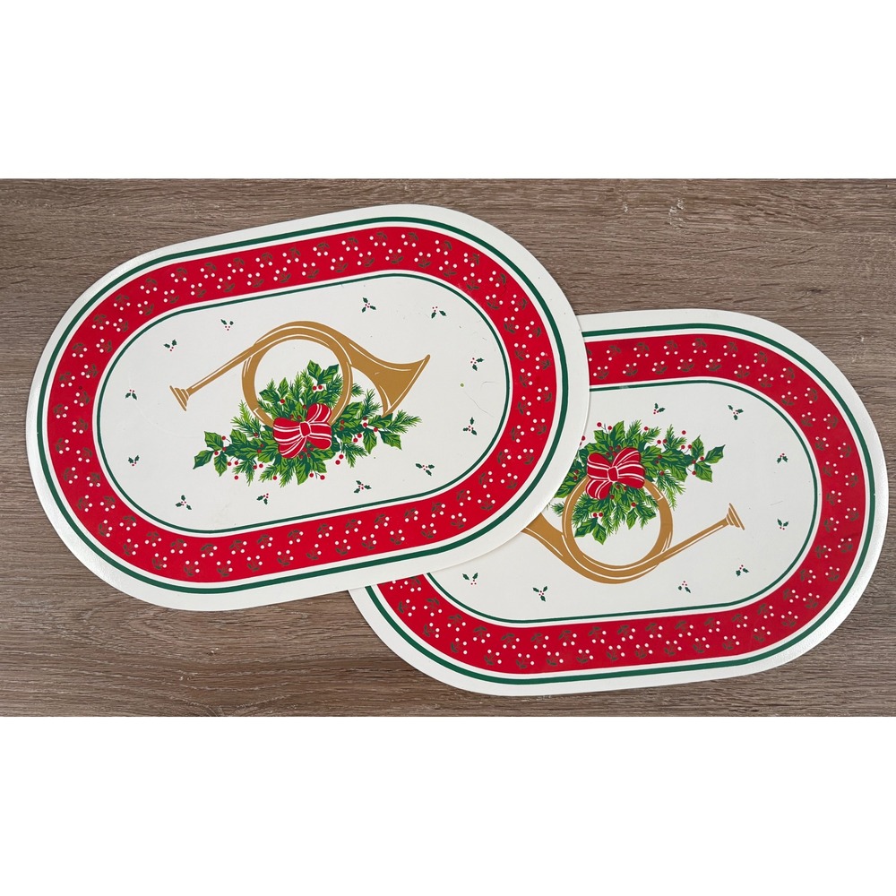 Vintage Kmart Christmas Placemats Set of 6 Oval French Horn Holly Red Green Gold